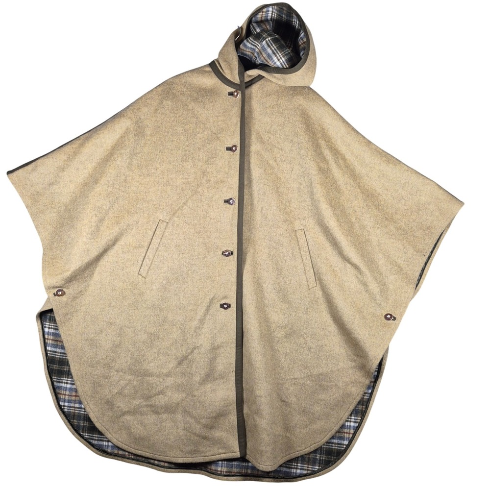 Trachten Schachtner Wool Loden Cape Hooded Plaid Lined Tan Austria